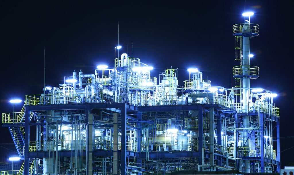 Oil and gas refinery at night