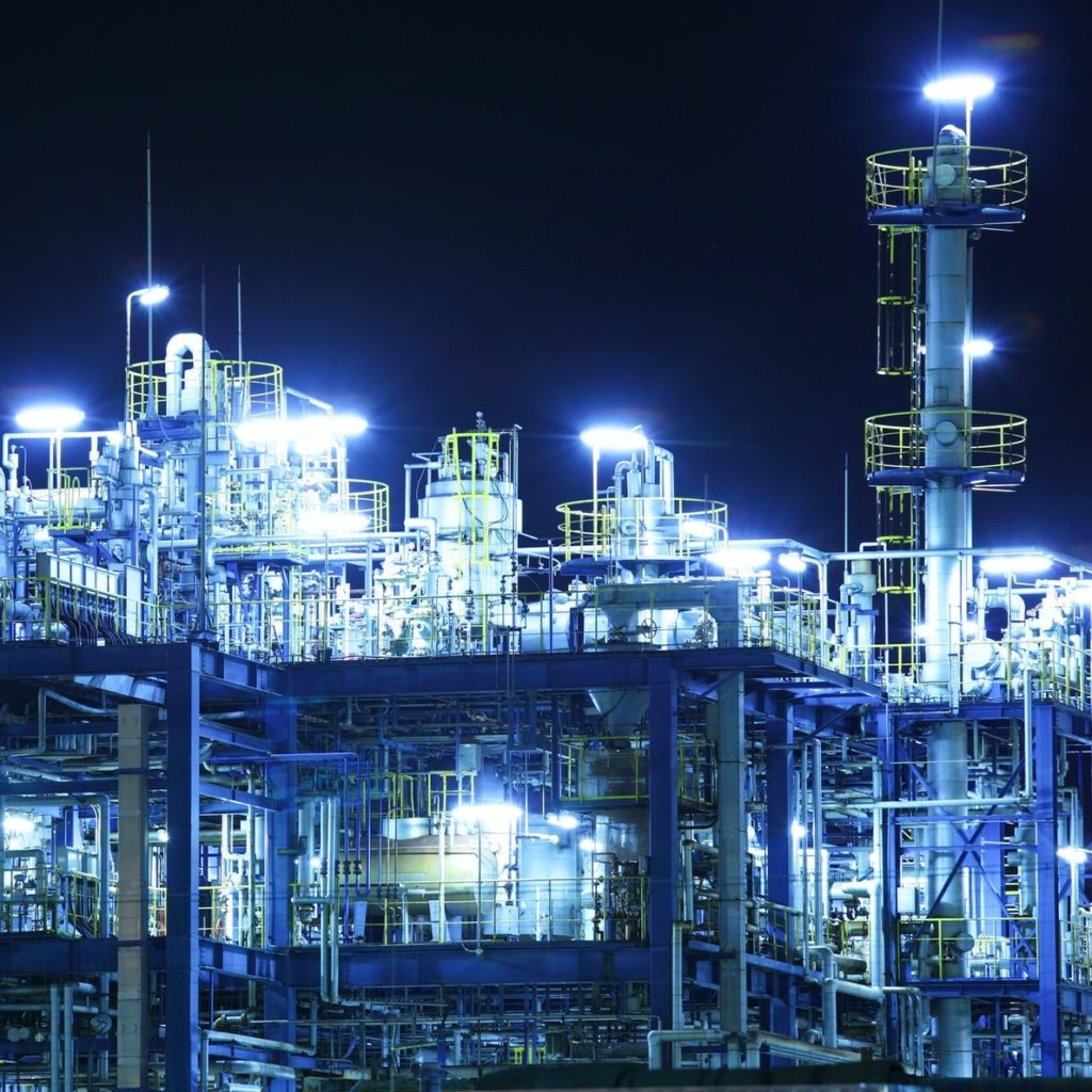 Oil and gas refinery at night