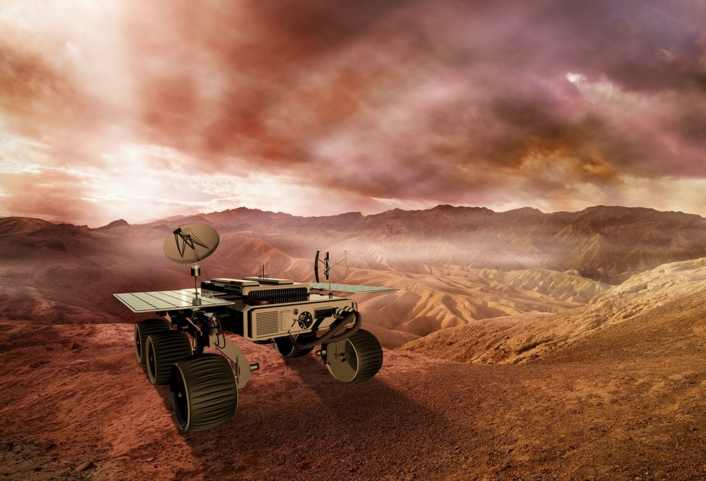 mars rover exploring the red planet surface, 3d illustration